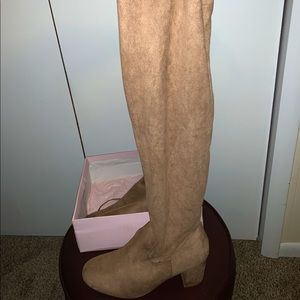 SUADE THIGH HIGH TAN/BROWN HEELED BOOTS